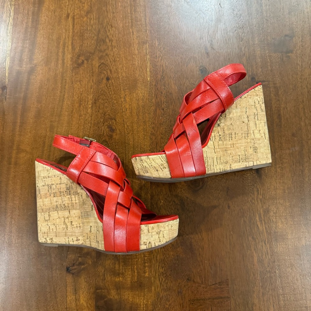 Tory Burch Red Leather Cork Wedge Sandals - Picture 3 of 11